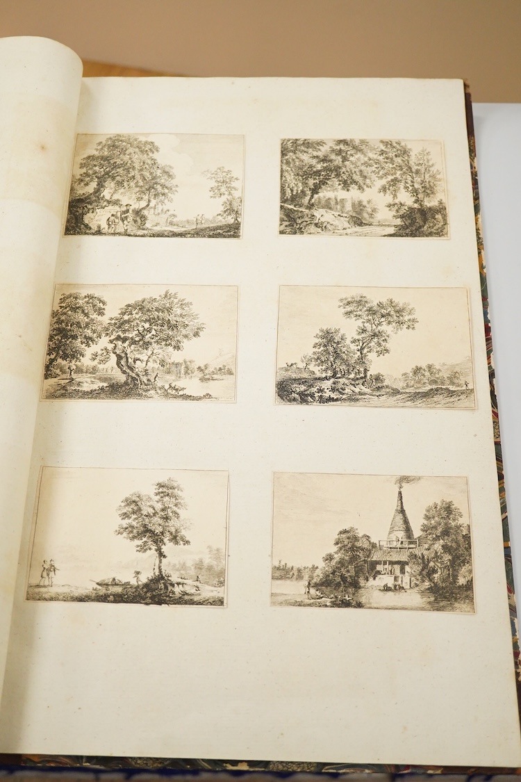 After Paul Sandby RA (1731-1809), an album of etchings and prints, various landscape and figural studies, some inscribed ‘Sandby fecit’, in pencil, with leather binding and marbled end pages. (Front cover detached)